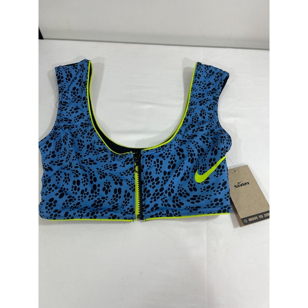 Nike Women's Bikini Top Small Party‎ Dot Crop Low Impact Zip Front Pacific Blue